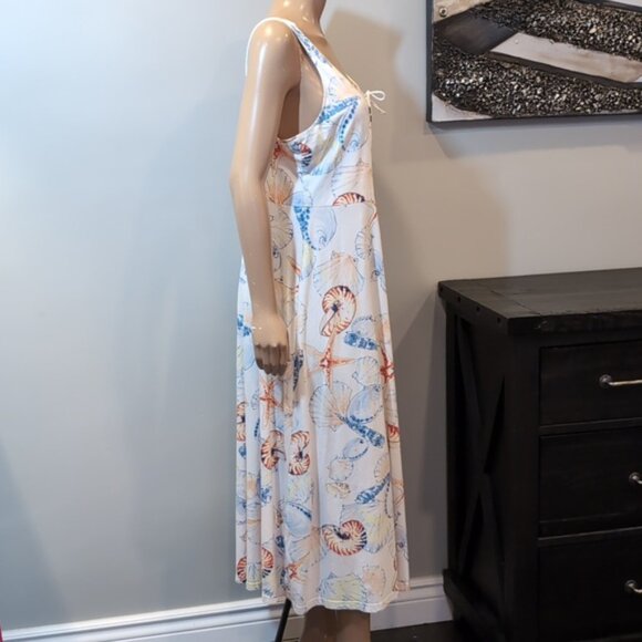Chaps Sleeveless Beach Dress Midi A-Line Summer Vacation Resortwear Sea Shells - Picture 10 of 14